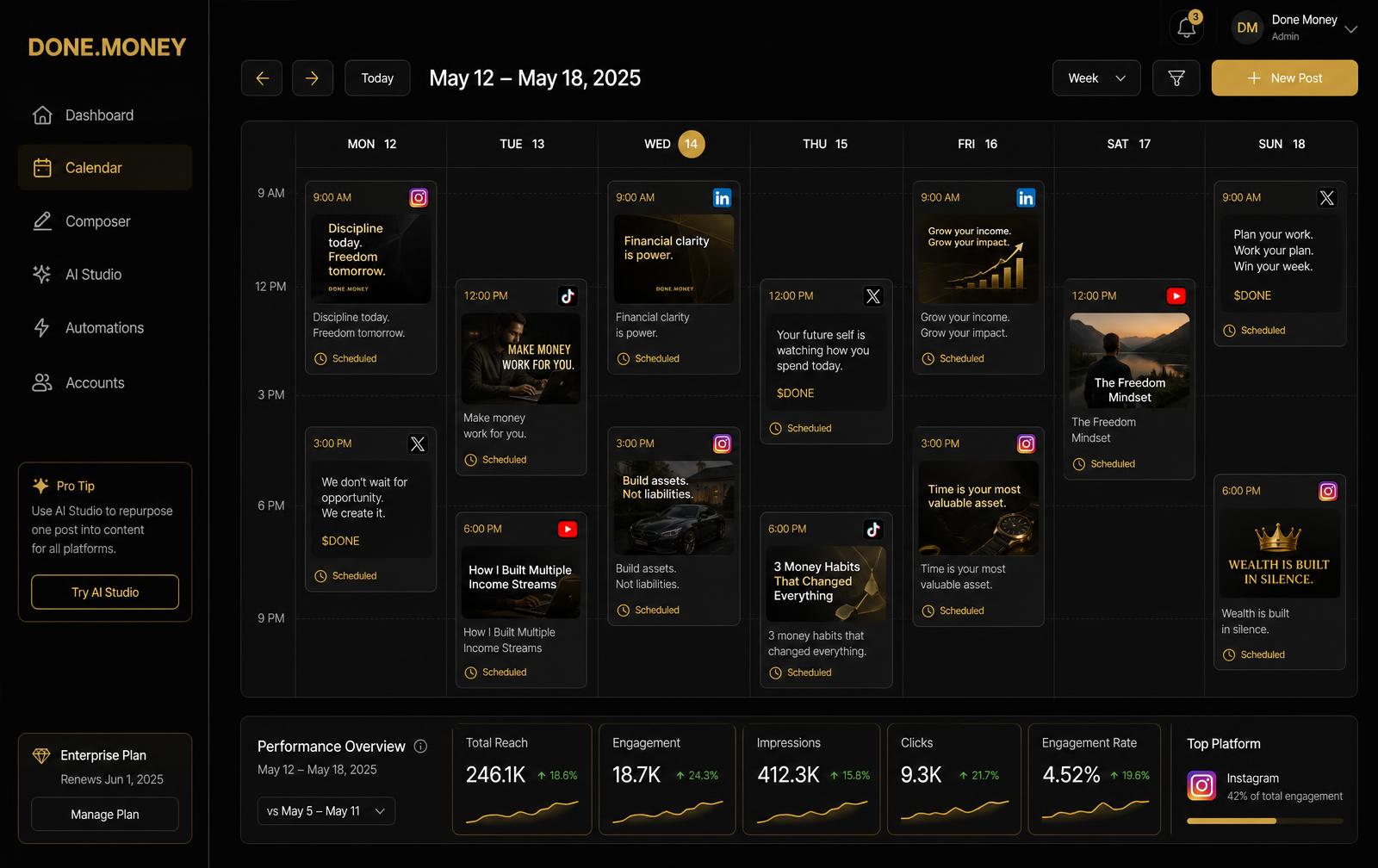 Done Money dashboard showing a content calendar with scheduled posts across social platforms